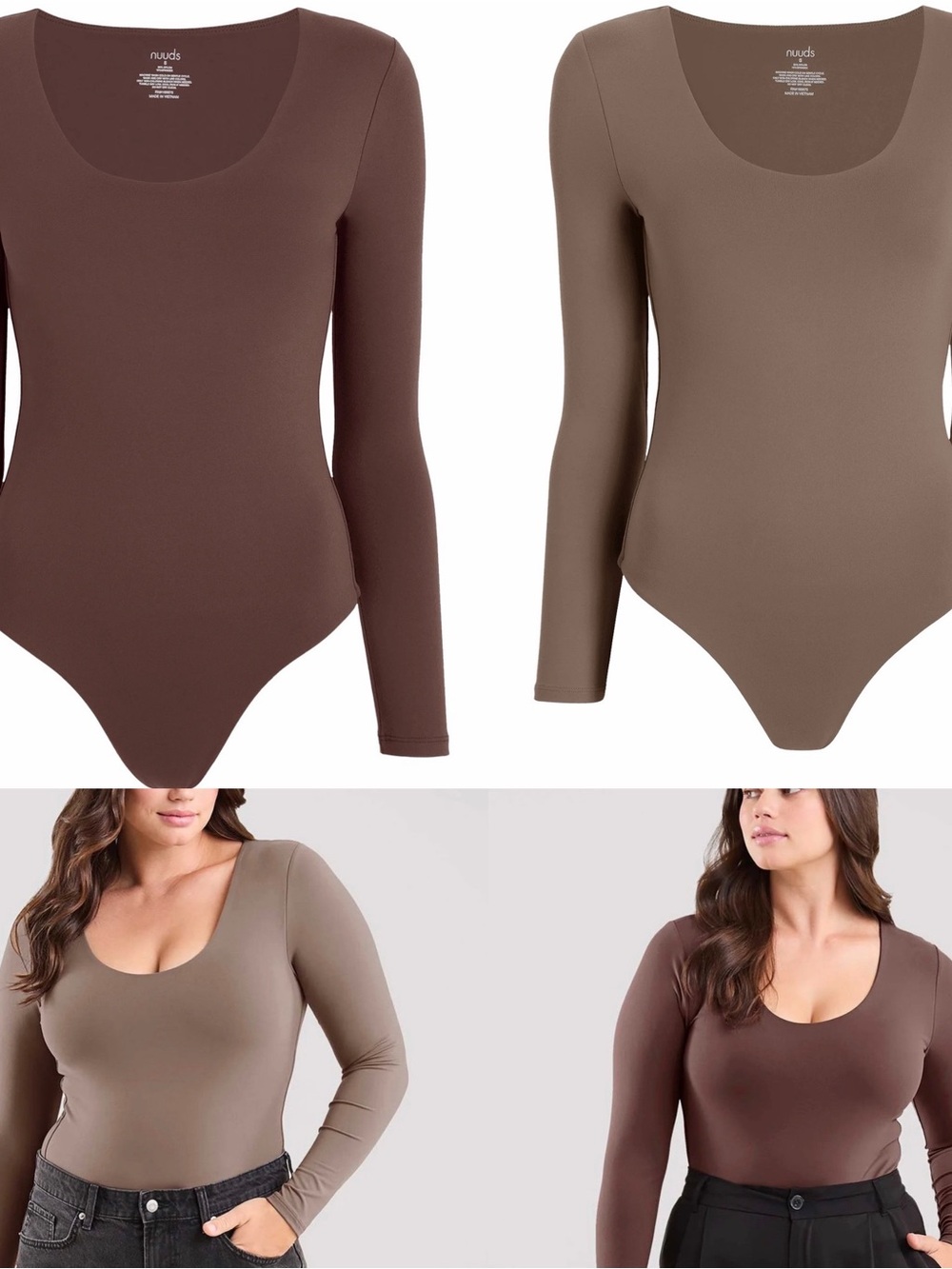 NUUDS Women's Scoop Neck Long Sleeve Bodysuit bundle - mocha/ coffee